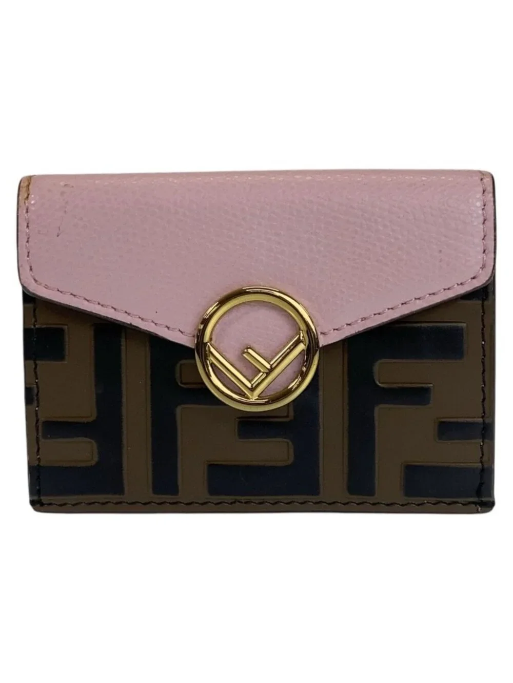 Fendi Zucca Is Pink Brown Gold Leather Folded Wallet Compact